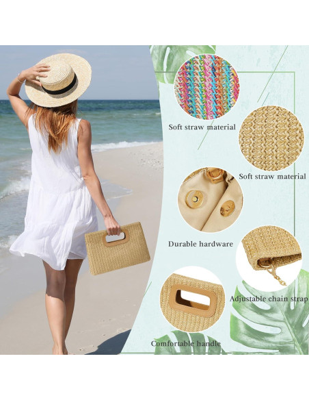 Bolso de Mano de Paja Caqui para Mujeres con Asa Superior