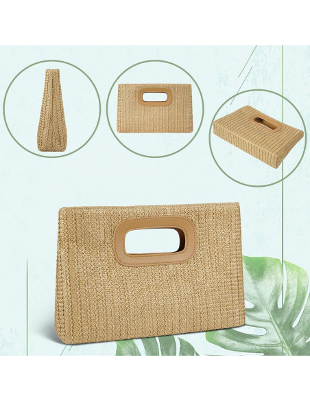 Bolso de Mano de Paja Caqui para Mujeres con Asa Superior