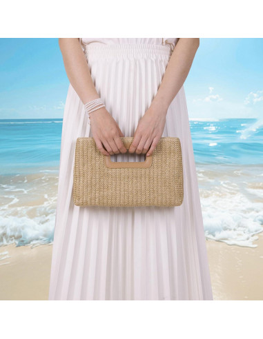 Bolso de Mano de Paja Caqui para Mujeres con Asa Superior