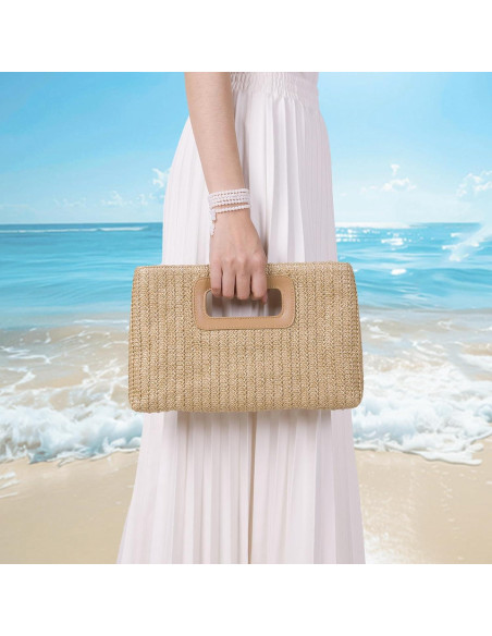 Bolso de Mano de Paja Caqui para Mujeres con Asa Superior