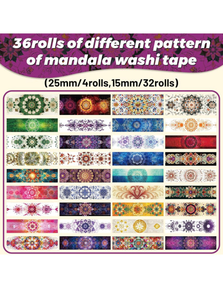 36 Rollos de Cinta Washi Mandala Datura - 1.5 y 2.5cm Ancho