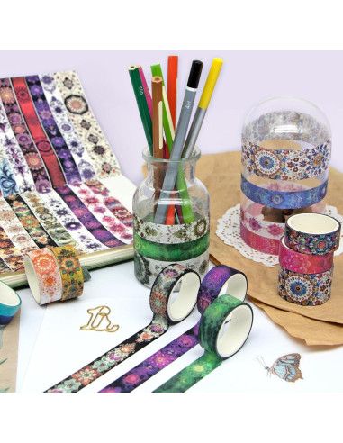 36 Rollos de Cinta Washi Mandala Datura - 1.5 y 2.5cm Ancho