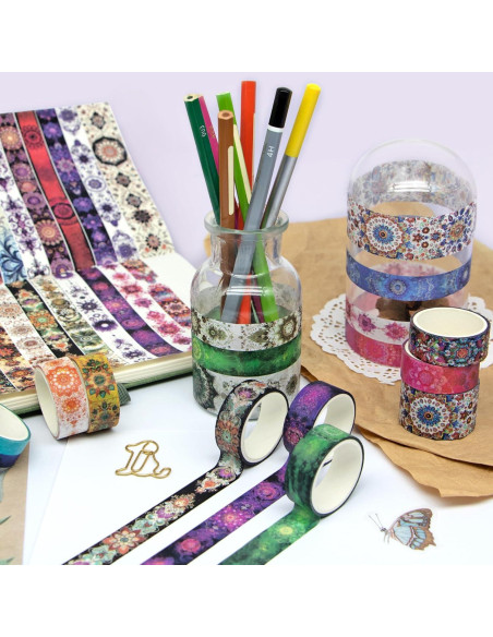 36 Rollos de Cinta Washi Mandala Datura - 1.5 y 2.5cm Ancho