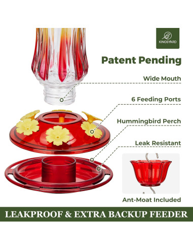 Alimentador de Colibrí Kingsyard de Vidrio 709 ml Rojo Colgante