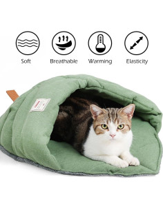 Saco de dormir para gatos TANGN verde, cueva suave y lavable 2