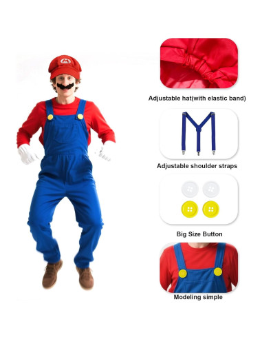 Conjunto Disfraz Super Bros Halloween Adulto - 4 Accesorios