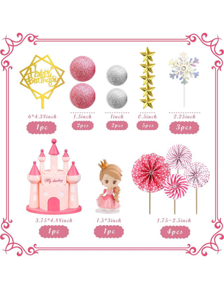 19PCS Decoración Pastel Princesa Rosa - Toppers Castillo y Estrellas