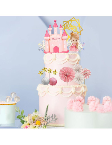 19PCS Decoración Pastel Princesa Rosa - Toppers Castillo y Estrellas