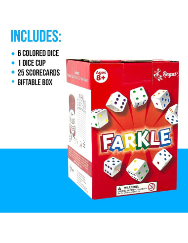 Juego de Dados Farkle Regal Games - 6 Dados Coloridos, Taza y Hojas
