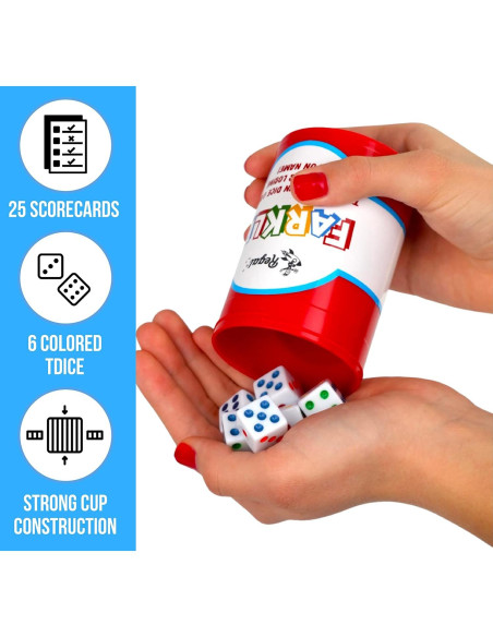 Juego de Dados Farkle Regal Games - 6 Dados Coloridos, Taza y Hojas