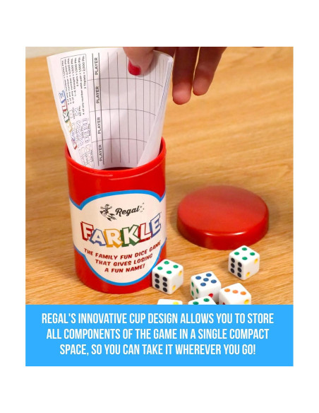 Juego de Dados Farkle Regal Games - 6 Dados Coloridos, Taza y Hojas