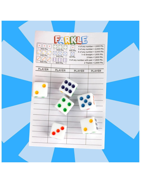 Juego de Dados Farkle Regal Games - 6 Dados Coloridos, Taza y Hojas
