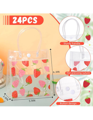24 Bolsas de Regalo Transparentes PVC Tema Fresa 15x7x16cm