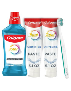 Kit de Blanqueamiento Dental Colgate Total - 2 Pasta 145g + Cepillo Suave + Enjuague 1L