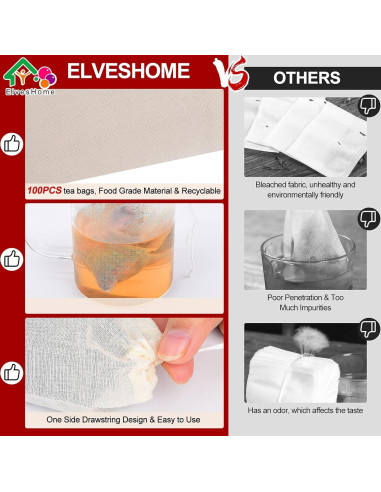 100 Bolsas de Filtro de Té Reutilizables ElvesHome 3x4"