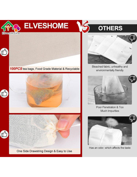100 Bolsas de Filtro de Té Reutilizables ElvesHome 3x4"