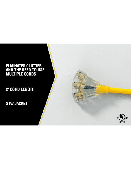 Cable de Extensión Chaqueta Amarilla 2882 12/3 15A 2 Pies