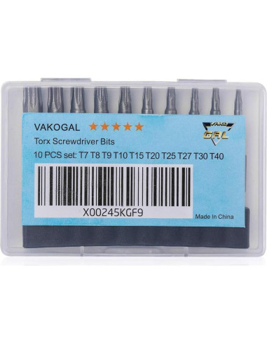 Juego de 10 Puntas de Destornillador Torx VAKOGAL Acero S2