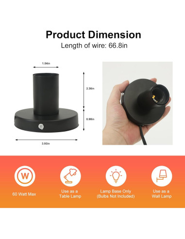 Portalámparas de Metal GYDQVPS E26/E27 con Cable 1.7m Negro