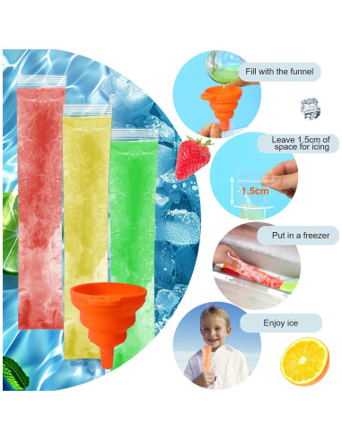 100 Bolsas de Helado Desechables FEBSNOW con Embudo 22x4.5cm