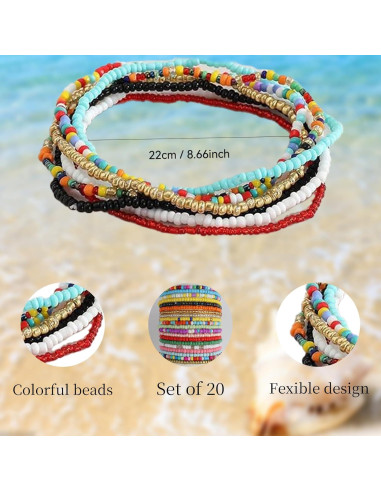 Conjunto 12 Pulseras de Tobillo Elásticas Boho Coloridas para Mujeres