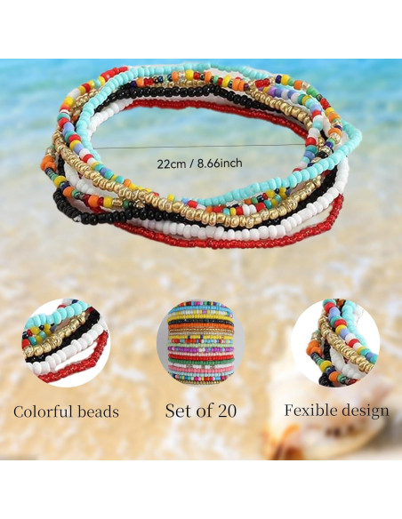 Conjunto 12 Pulseras de Tobillo Elásticas Boho Coloridas para Mujeres