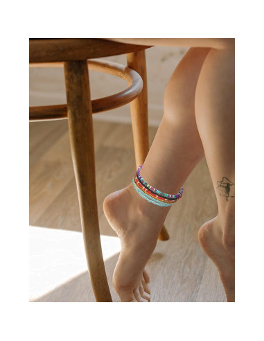 Conjunto 12 Pulseras de Tobillo Elásticas Boho Coloridas para Mujeres