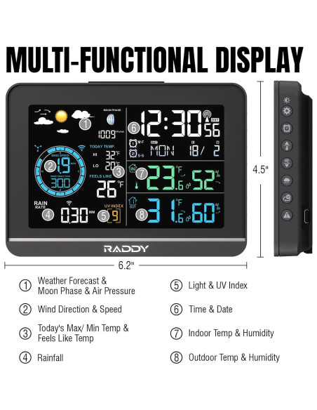 Estación Meteorológica Raddy UV-6 con Pantalla de 6" y Sensor Exterior