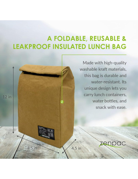 Bolsa de Almuerzo Aislada ZENPAC Marrón 6L Impermeable 21.6x11.4x30.5cm