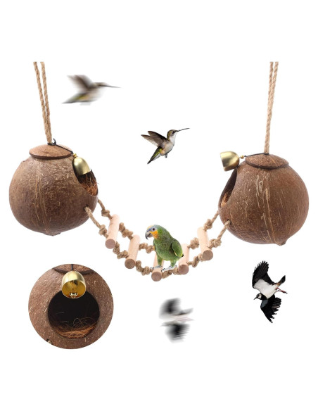 Nido de Coco Natural para Aves Briwooody con Escaleras y Campana