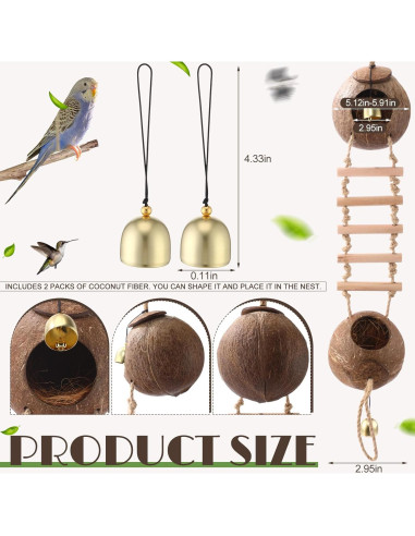 Nido de Coco Natural para Aves Briwooody con Escaleras y Campana
