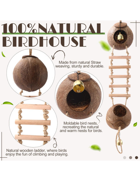 Nido de Coco Natural para Aves Briwooody con Escaleras y Campana