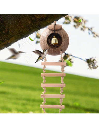 Nido de Coco Natural para Aves Briwooody con Escaleras y Campana