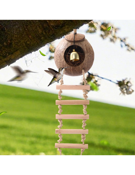 Nido de Coco Natural para Aves Briwooody con Escaleras y Campana