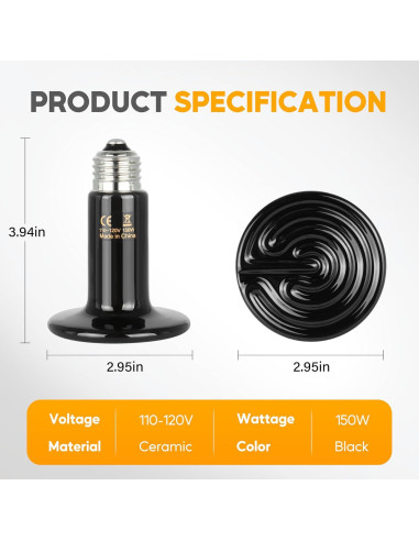 Lámpara de Calor Cerámica HealSmart 150W 2-Pack para Reptiles
