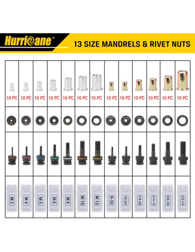 Herramienta de Tuerca Remachadora HURRICANE 16" con 130 Piezas
