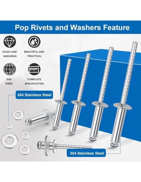 Kit de Remaches de Acero Inoxidable 304 con Arandelas - 240 Pcs