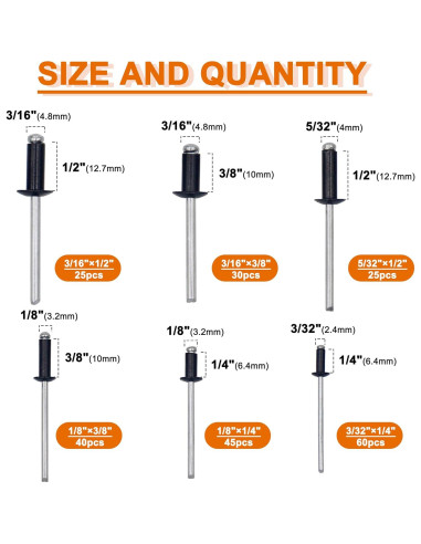 Kit de 225 Remaches Ciegos Aluminio Negro con Remachadora XM