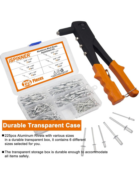 Kit de Remaches Ciegos de Aluminio 225 Piezas con Remachadora Manual XM