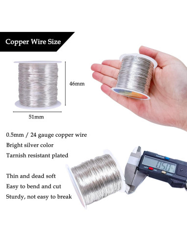 Alambre de Cobre 24 Gauge 203 Pies Plata para Manualidades