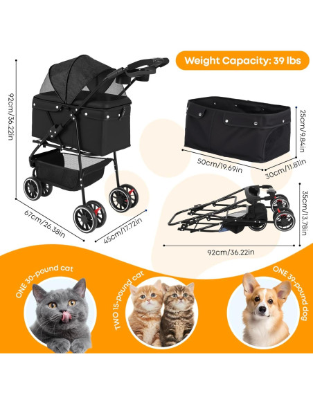 Carrito para Mascotas Chihuahua Negro 3 Ruedas Plegable