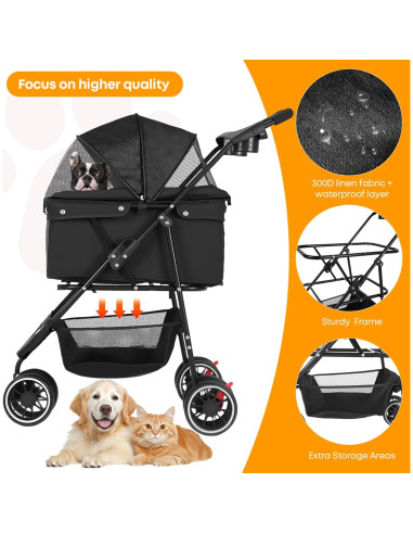 Carrito para Mascotas Chihuahua Negro 3 Ruedas Plegable