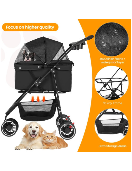 Carrito para Mascotas Chihuahua Negro 3 Ruedas Plegable