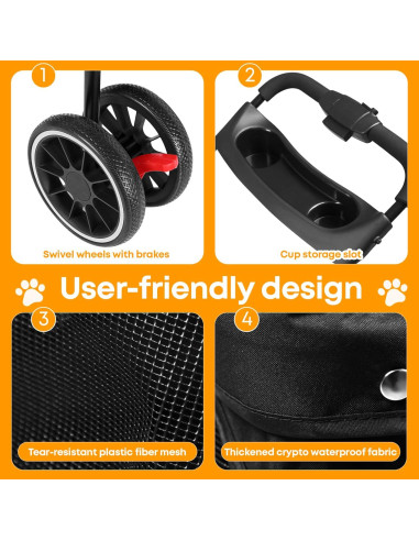 Carrito para Mascotas Chihuahua Negro 3 Ruedas Plegable