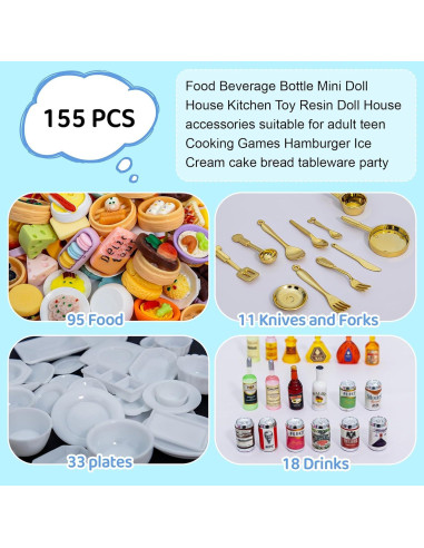155 Piezas Mini Comida y Bebidas Juguete Accesorios Resina