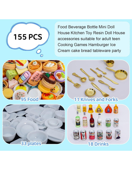 155 Piezas Mini Comida y Bebidas Juguete Accesorios Resina