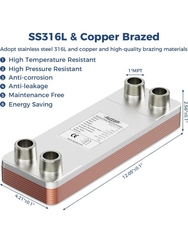 Intercambiador de Calor de Placas ALORAIR WHE4X12-10P Acero Inoxidable