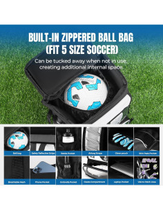 Mochila de Fútbol POIXM Negra 45L con Compartimentos y Velcro 2