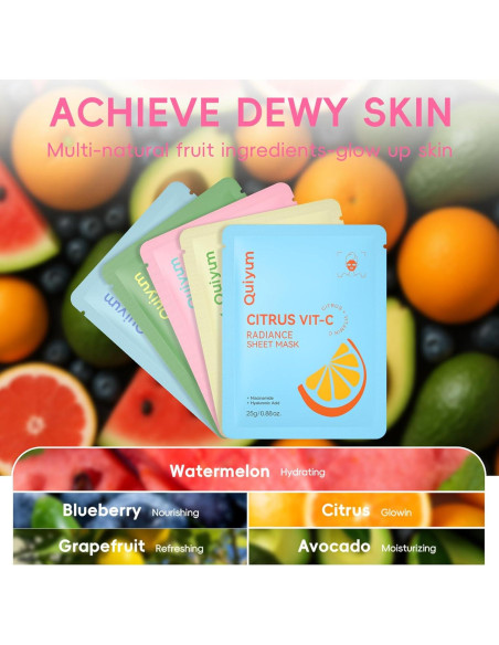 Set de Mascarillas Faciales de Frutas QUIYUM - 25 Piezas Hidratantes