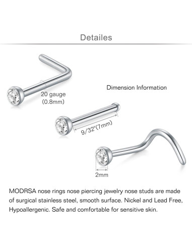Anillos de Nariz MODRSA 20g Acero Quirúrgico 12pcs Plata